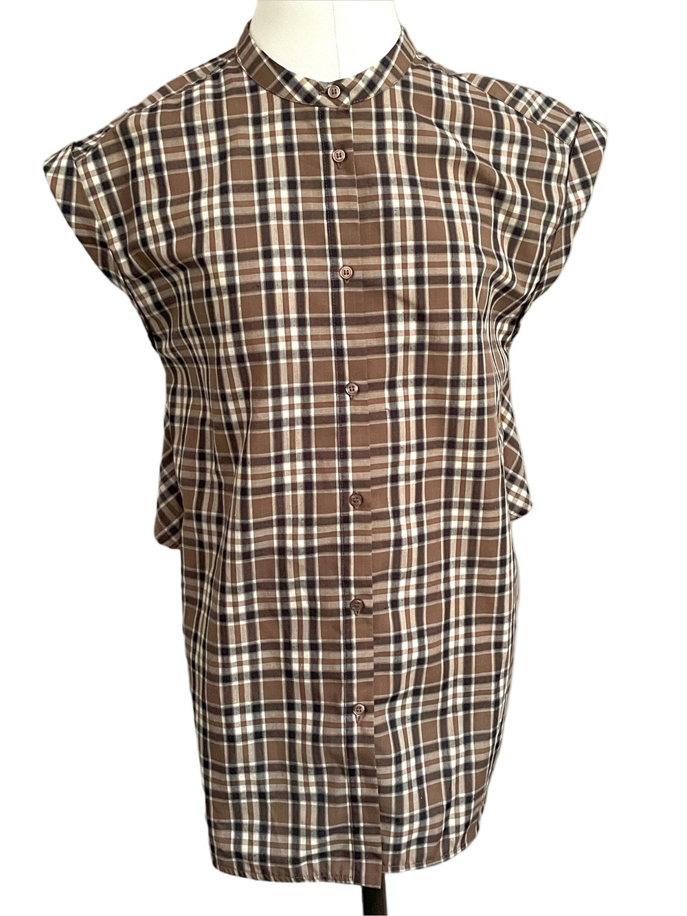 Classic Brown Blue Plaid Sleeveless Tunic Blouse - Small, Japanese brand 🇯🇵 - Picture 3 of 12